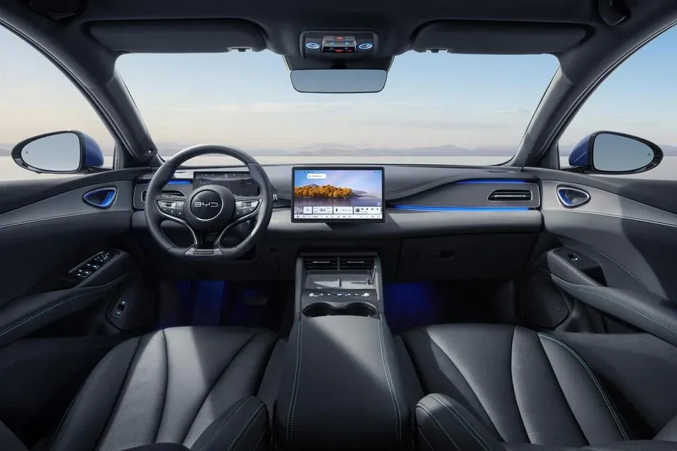 BYD Seal 6 interior showing dual screens and blue ambient lighting