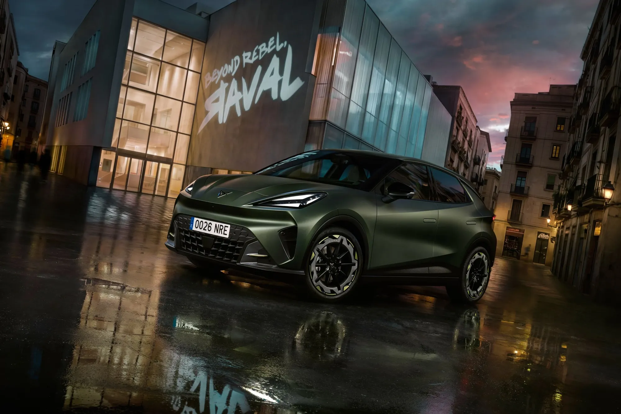 2026 Cupra Raval front three-quarter view in matte green