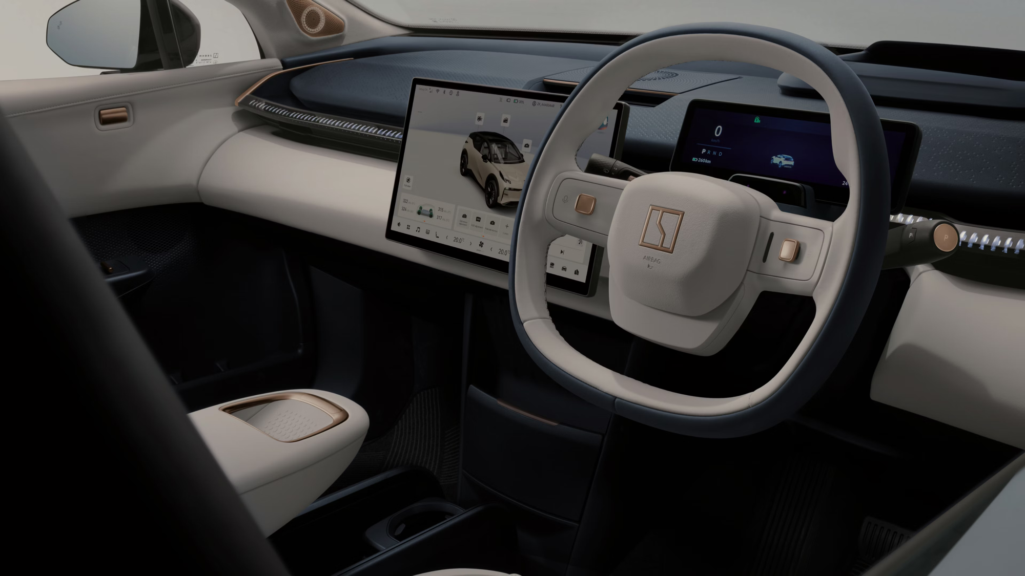 Zeekr X driver's position showing floating touchscreen and circular steering wheel
